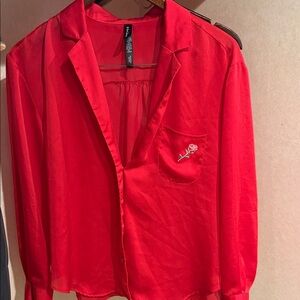 For Love & Lemons Red Sheer Nightwear Blouse with Embroidered Rose